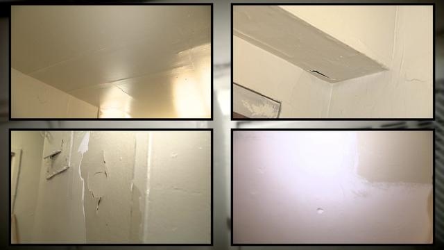 Four images from inside a NYCHA-owned apartment in the Bronx showing cracks in plaster and other damage to walls and ceilings. 