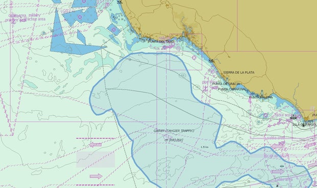 This map shows the area around the Gulf of Cádiz and the Strait of Gibraltar where interactions with orcas are most likely to happen, based on previous years' data