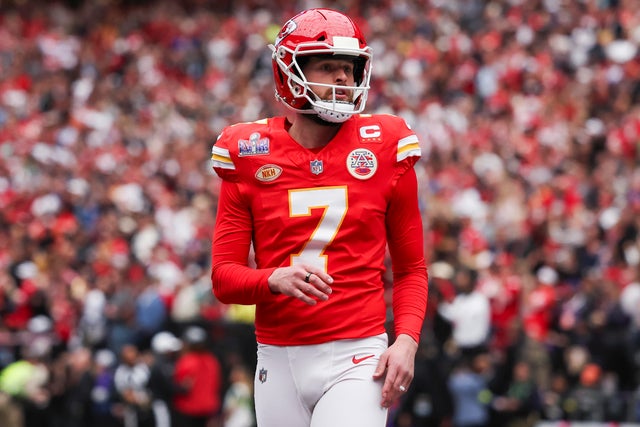 Harrison Butker of the Kansas City Chiefs warms up prior to Super Bowl LVIII against the San Francisco 49ers at Allegiant Stadium on Feb. 11, 2024, in Las Vegas. 