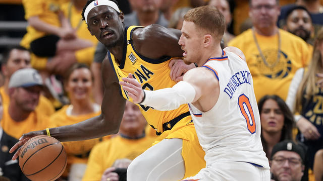 Pascal Siakam #43 of the Indiana Pacers dribbles the ball against Donte DiVincenzo #0 of the New York Knicks during the second quarter in Game Six of the Eastern Conference Second Round Playoffs at Gainbridge Fieldhouse on May 17, 2024 in Indianapolis, Indiana. 