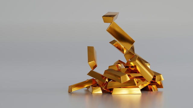 Stack of gold bars or bullion gold ingot, business finance concept, 3D rendering. 
