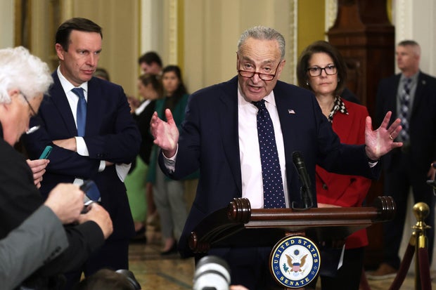 Senate Majority Leader Sen. Chuck Schumer speaks to reporters at the U.S. Capitol on May 21, 2024.