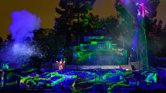 Sorcerer Mickey and Maleficent Face Off in "Fantasmic!" at Disneyland Resort 