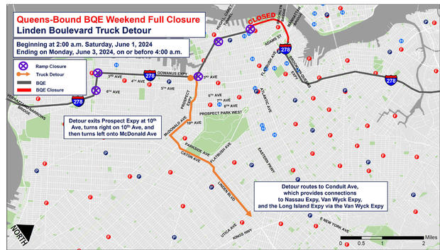 Queens-bound BQE June 1-3, 2024 closure -- Linden Boulevard truck detour map 