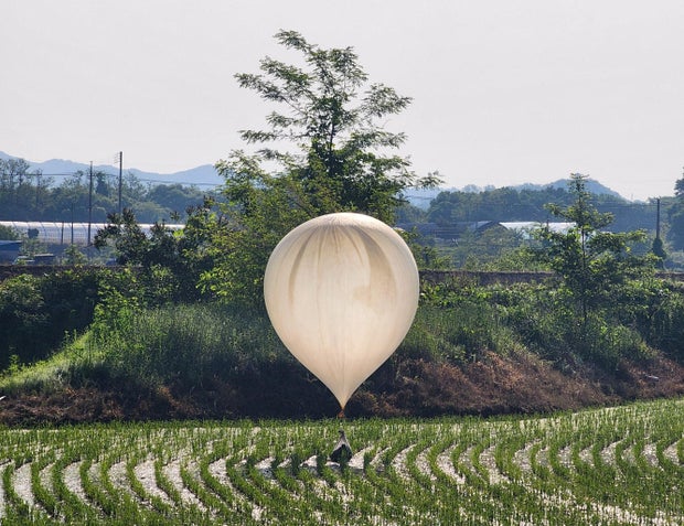 A balloon believed to have been sent by North Korea, carrying various objects including what appeared to be trash and excrement, is seen over a rice field in Cheorwon