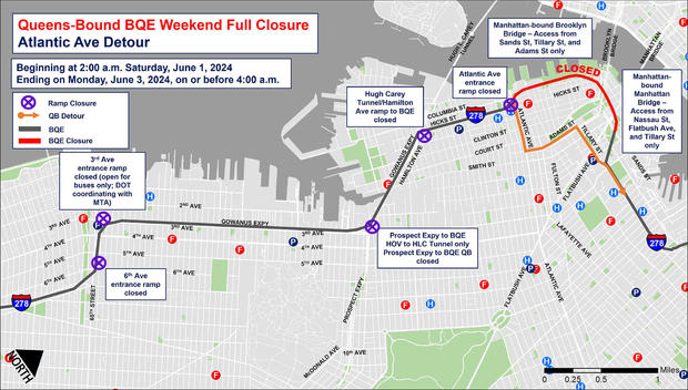 Queens-bound BQE June 1-3, 2024 closure -- Atlantic Avenue detour map 