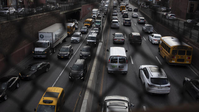 Evening traffic crawls in both directions on the Brooklyn Queens Expressway, February 13, 2023 in Brooklyn, New York. 