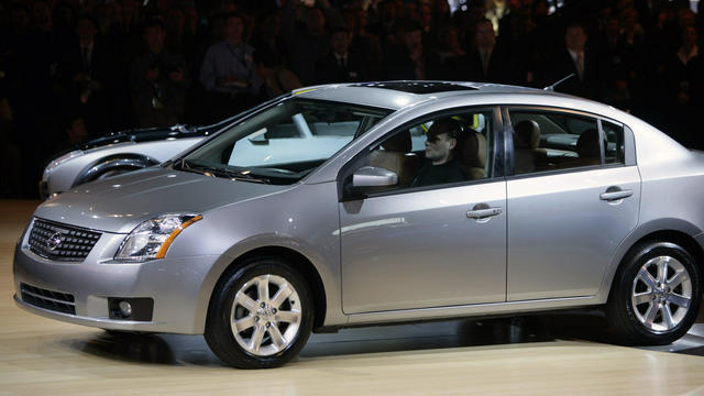 A Nissan Sentra is pictured on stage during its unveiling at 
