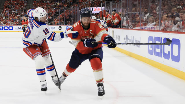 Artemi Panarin #10 of the New York Rangers grabs Aleksander Barkov #16 of the Florida Panthers during the second period in Game Six of the Eastern Conference Final of the 2024 Stanley Cup Playoffs at Amerant Bank Arena on June 01, 2024 in Sunrise, Florida 