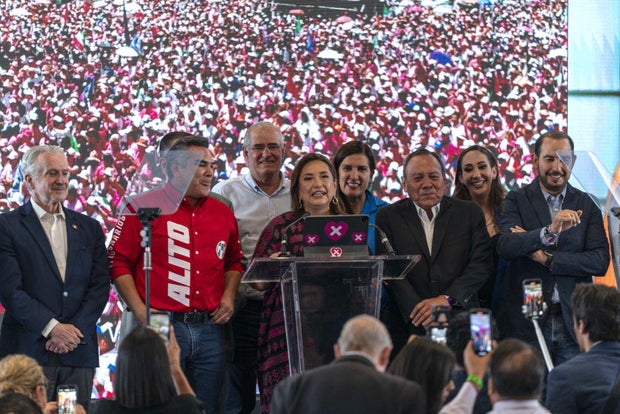 Xochitl Galvez, Mexico's opposition presidential candidate, center, speaks to supporters during an election night rally at her campaign headquarters in Mexico City, Mexico, on Sunday, June 2, 2024