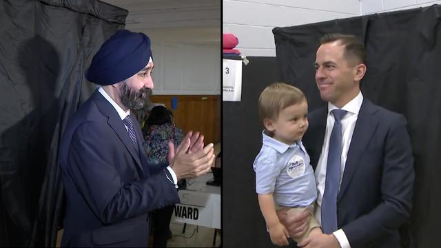 A split screen image showing: on the left, Hoboken Mayor Ravi Bhalla clapping as he leaves a voting booth; on the right, Robert Menendez Jr. exiting a voting booth carrying his infant child. 