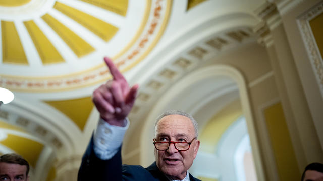 Senate Majority Leader Chuck Schumer takes a question from a reporter during a news conference following a Senate Democratic party policy luncheon on Capitol Hill on May 1, 2024 in Washington, DC. 