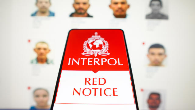 In this photo illustration, the Interpol Red Notice logo is 