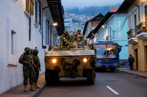 FILE PHOTO: Security forces patrol after a violence outbreak, in Quito 