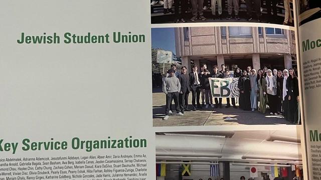 A photo of a page in a yearbook. There is a photo of a group of Muslim students next to a caption reading "Jewish Student Union." There is a large empty space under the name of the organization. 