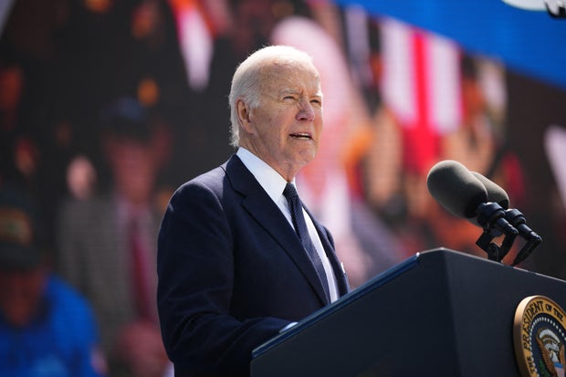 President Biden delivers a speech during the U.S. ceremony marking the 80th anniversary of the World War II "D-Day" Allied landings in Normandy, at the Normandy American Cemetery and Memorial in Colleville-sur-Mer, which overlooks Omaha Beach in northwest 