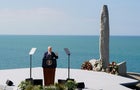 U.S. President Joe Biden delivers remarks at the World War II Pointe du Hoc Ranger Monument, in Cricqueville-en-Bessin 