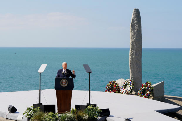 President Biden delivers remarks at the World War II Pointe du Hoc Ranger Monument following the 80th anniversary of the 1944 D-Day landings in Cricqueville-en-Bessin, Normandy, France, June 7, 2024. 