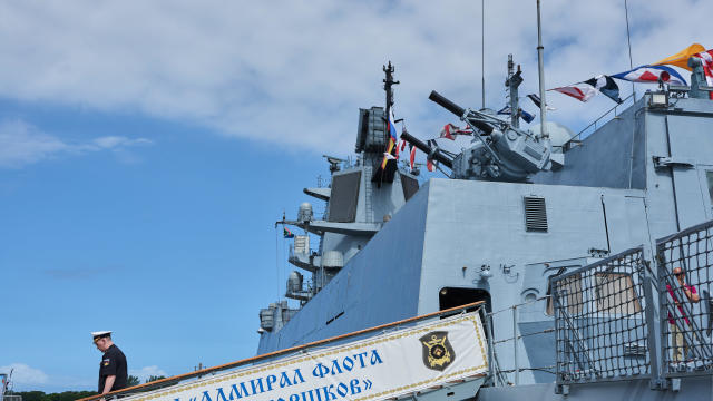 A member of the Russian navy disembarks from the Russian frigate Admiral Gorshkov, ahead of naval drills between Russia, South Africa and China, in Richards Bay, South Africa, Feb. 22, 2023. 