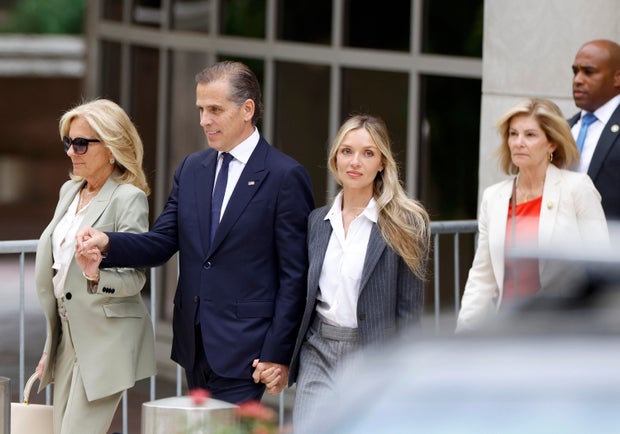 First lady Jill Biden, Hunter Biden and his wife Melissa Cohen Biden leave the J. Caleb Boggs Federal Building on June 11, 2024, in Wilmington, Delaware.
