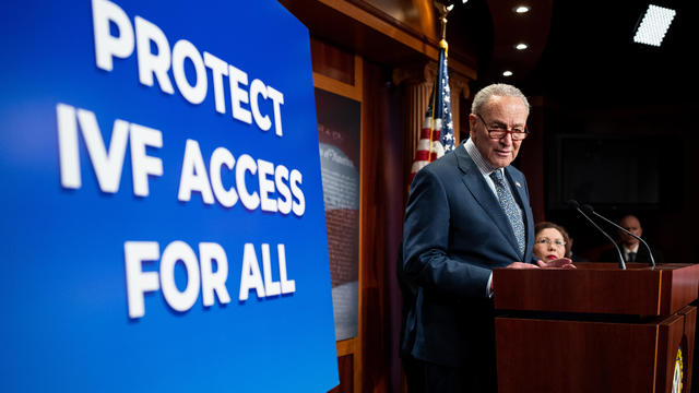 Senate Majority Leader Chuck Schumer speaks during Senate Democrats' news conference in the Capitol on Tuesday, February 27, 2024, to discuss the Alabama Supreme Court ruling on in vitro fertilization. 