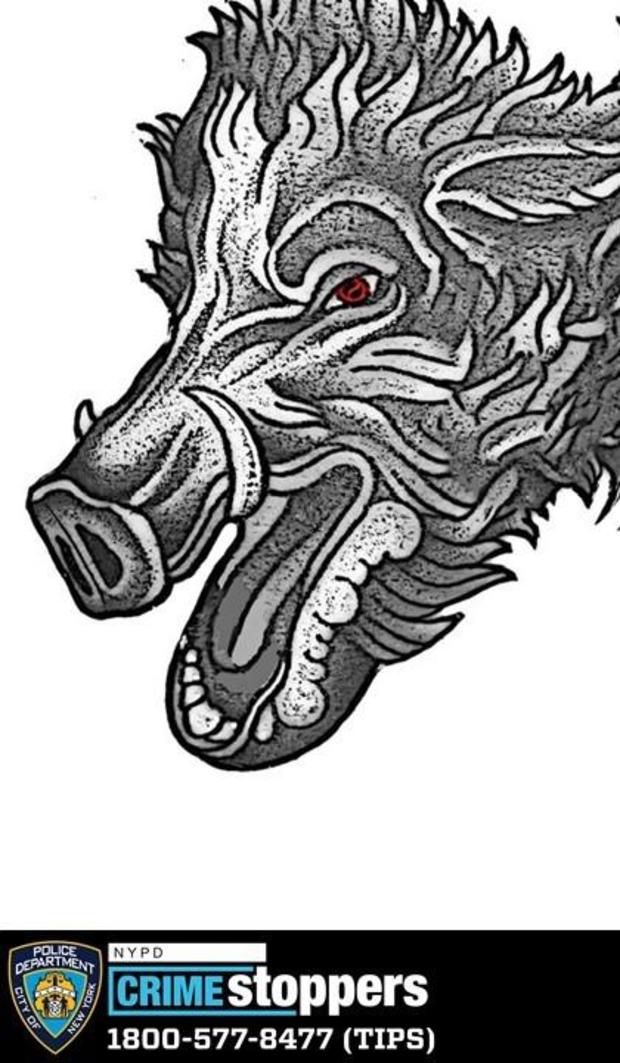 A sketch of a furry board head with its mouth open and red eyes. 