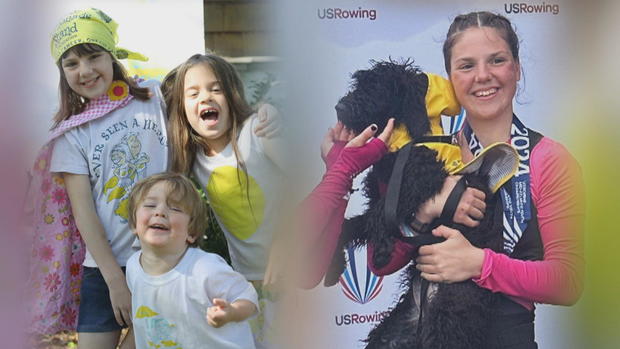Two photos, one of Lily and her siblings wearing Alex's Lemonade Stand gear, the other of Lily holding a black dog 