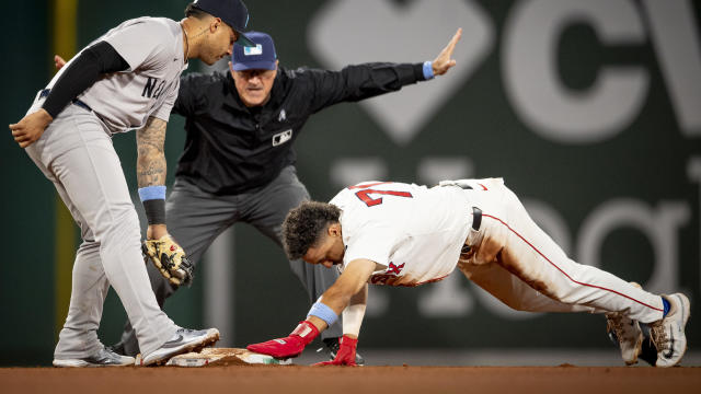 David Hamilton #70 of the Boston Red Sox is called safe after stealing second base during the eighth inning of a game against the New York Yankees, setting a franchise record with the 9th steal of the game, on June 16, 2024 at Fenway Park in Boston, Massachusetts. 