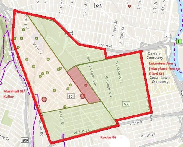 A map highlighting areas of Clifton and Paterson, New Jersey that are under a boil water advisory. 
