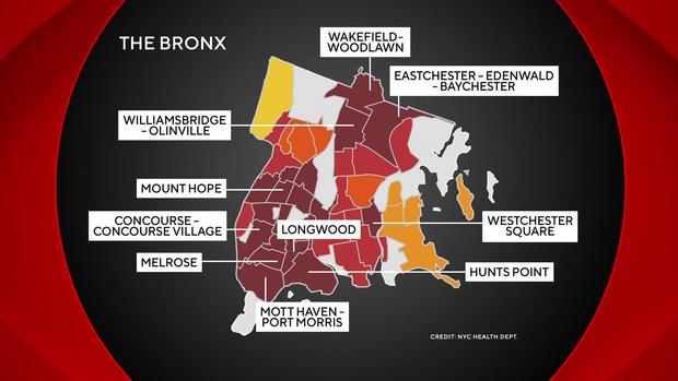A map showing where heat-related deaths are most likely to occur in the Bronx 