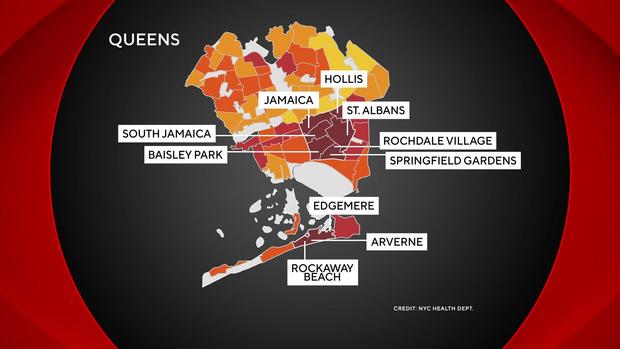 A map showing where heat-related deaths are most likely to occur in Queens 
