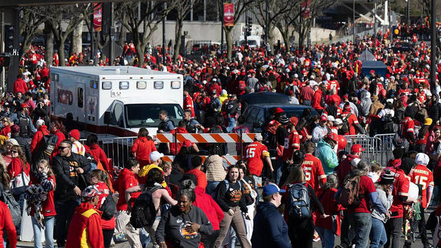 People leave the area following a shooting at Union Station during the Kansas City Chiefs' Super Bowl victory parade on Feb. 14, 2024, in Kansas City, Missouri. 