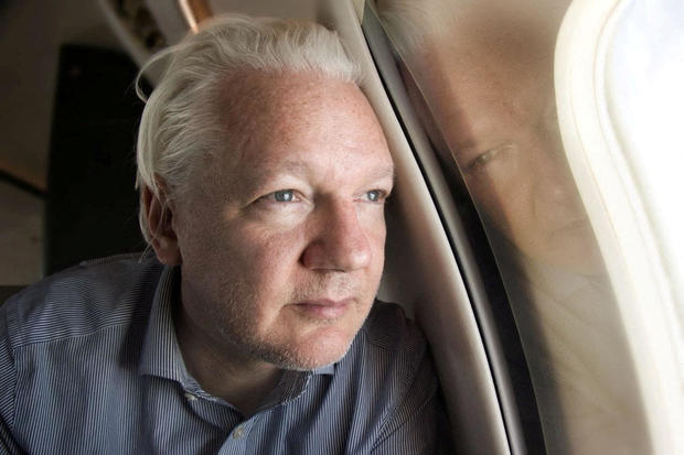 WikiLeaks founder Julian Assange looks out a plane's window 