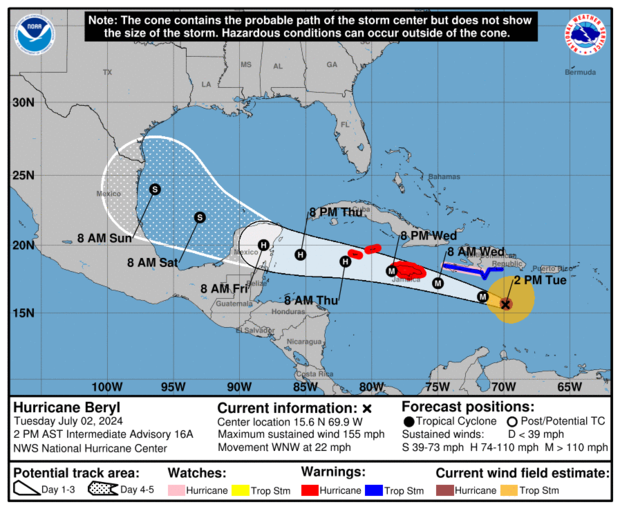 A map from the U.S. National Hurricane Center shows the projected path of Hurricane Beryl as of 2 p.m. ET on July 2, 2024. 