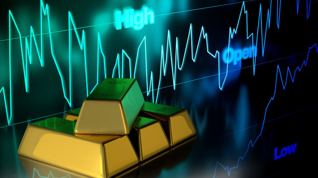 Gold Bar with Gold Price Chart Background, 3D Rendering 