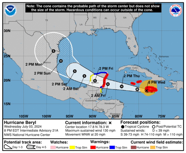 The trajectory of Hurricane Beryl 