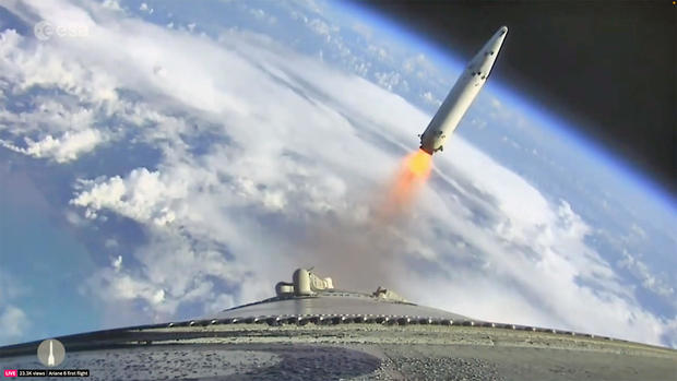 A camera on the side of the Ariane 6 captured spectacular views of a strap-on booster falling away after helping propel the rocket out of the dense lower atmosphere. July 9, 2024