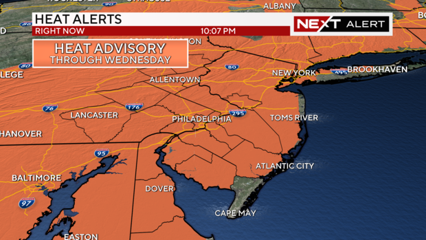 A map showing that all of the Philadelphia region is under a heat advisory 