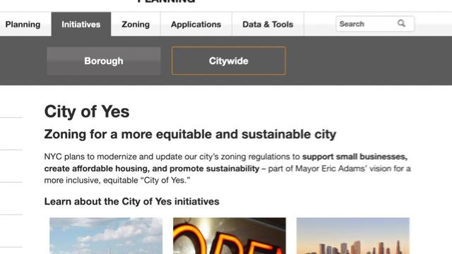 A screenshot of the NYC.gov "City of Yes" page detailing "Zoning for a more equitable and sustainable city." 