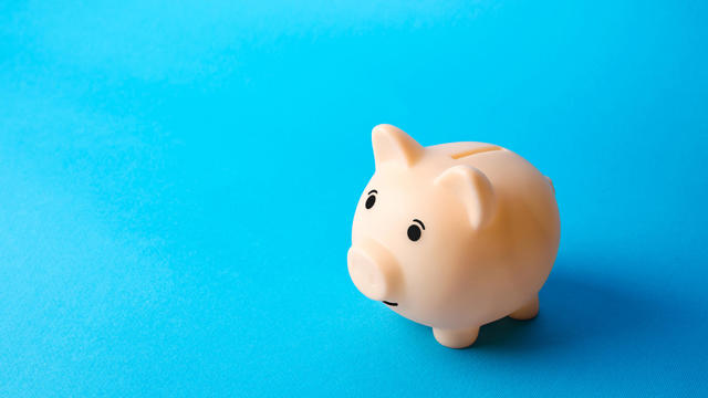 Piggy bank on a blue background. Economy. Pension fund. Deposit banking. Earn more money and save assets from inflation risks. Financial literacy, smart money management. Savings program 