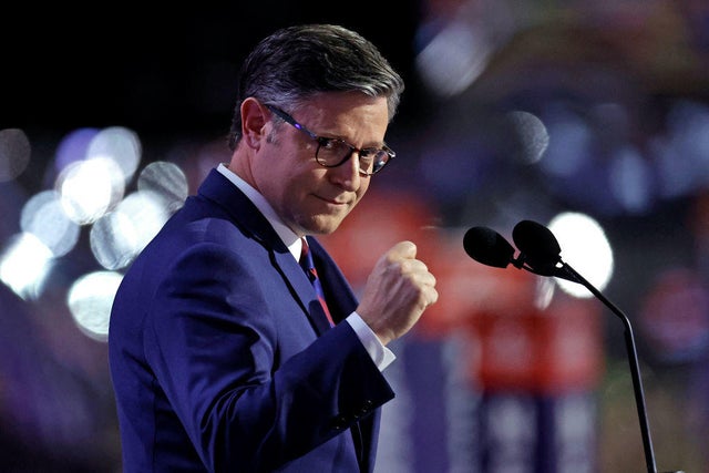 Speaker of the House Mike Johnson gestures as he speaks during the second day of the 2024 Republican National Convention at the Fiserv Forum in Milwaukee, Wisconsin, on July 16, 2024. 