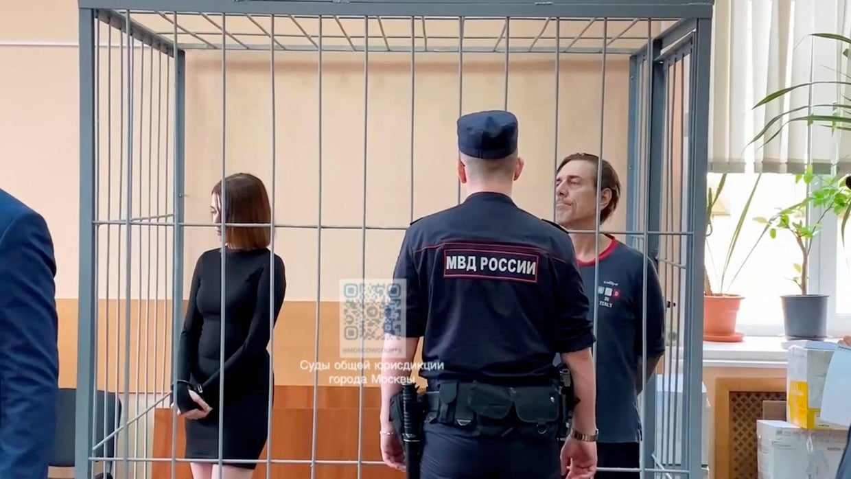 Russian citizen Veronika Grabanchuk and U.S. citizen Michael Travis Leake attend a court hearing in Moscow, Russia on July 18, 2024. Moscow City Court Press Service/Handout via REU