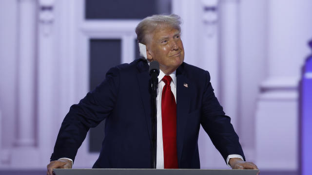 Former President Donald Trump pauses while speaking at the Republican National Convention at the Fiserv Forum on July 18, 2024, in Milwaukee, Wisconsin. 