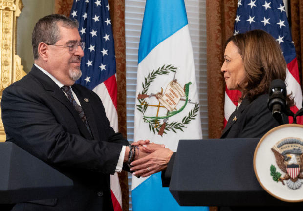 Bernardo Arevalo, Guatemala's president, shakes hands with Vice President Kamala Harris during a meeting in the vice president's ceremonial office in Washington, D.C., on Monday, March 25, 2024. 