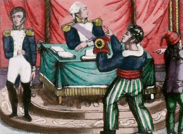 Sansculottes oferecendo o boné frígio ao rei Luís XVI.