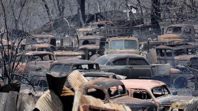 Vintage vehicles that were burned in the Park Fire are seen near Chico, California, July 26, 2024. 