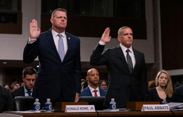 Secret Service Acting Director Ronald Rowe, left, and FBI Deputy Director Paul Abbate are sworn in before testifying during a Senate hearing on July 30, 2024. 