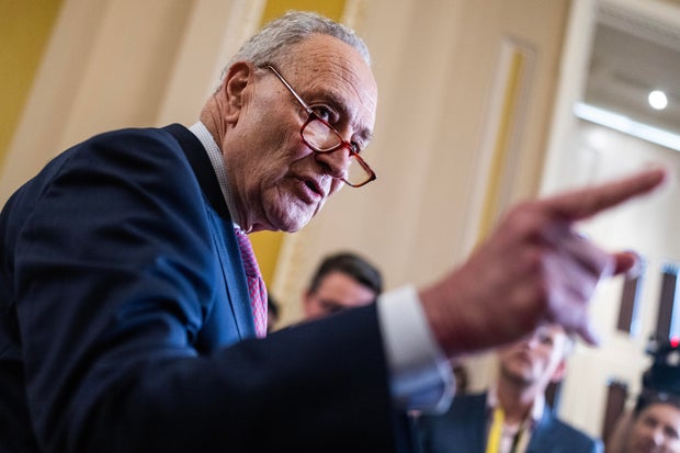 Senate Majority Leader Chuck Schumer fields questions about the candidacy of President Biden after the senate luncheons in the U.S. Capitol on Tuesday, July 9, 2024.