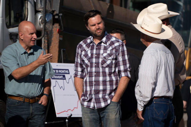 Sen. JD Vance speaks with residents and law enforcement at the U.S.-Mexico border in Hereford, Arizona, on Thursday, Aug. 1, 2024. 