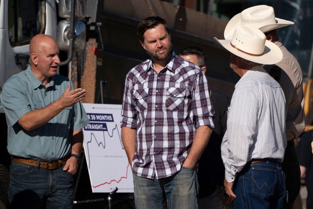Sen. JD Vance speaks with residents and law enforcement at the U.S.-Mexico border in Hereford, Arizona, on Thursday, Aug. 1, 2024.